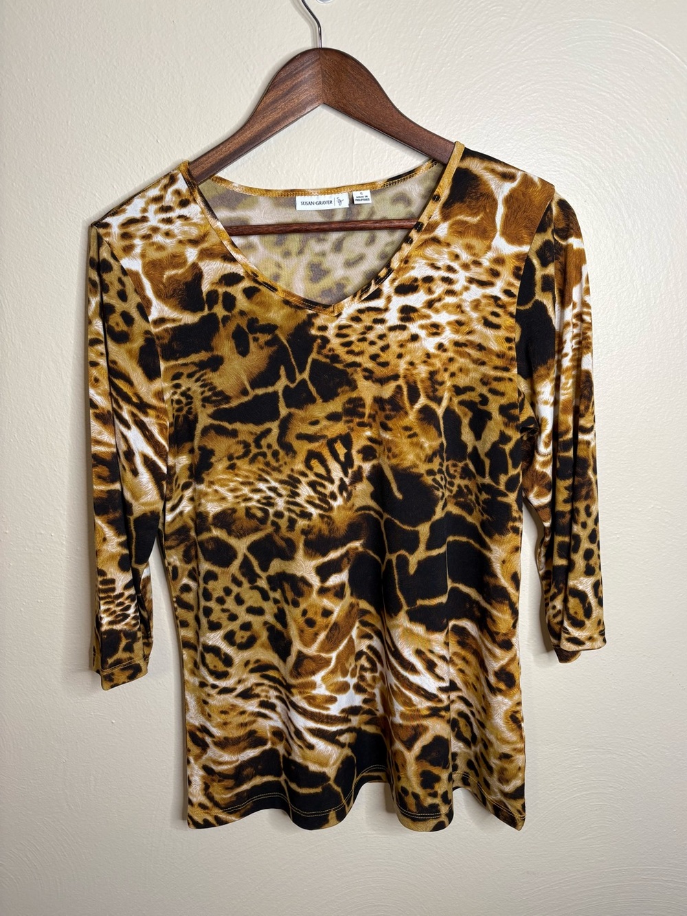 Susan Graver Animal Print Top Small Brown Black 3/4 Sleeve Stretch Knit QVC Chic - Picture 2 of 12